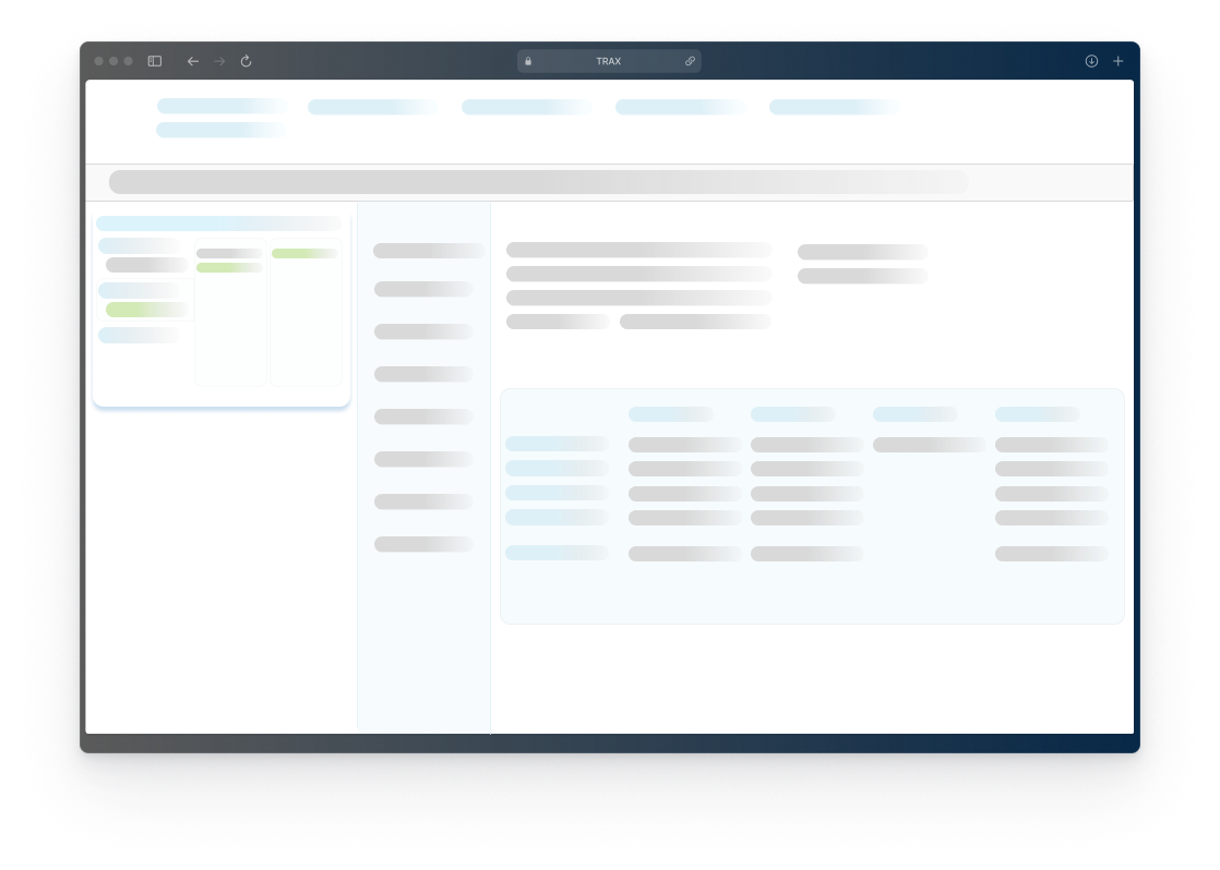 Product image stylized minimally to represent TRAX user interface; wireframe