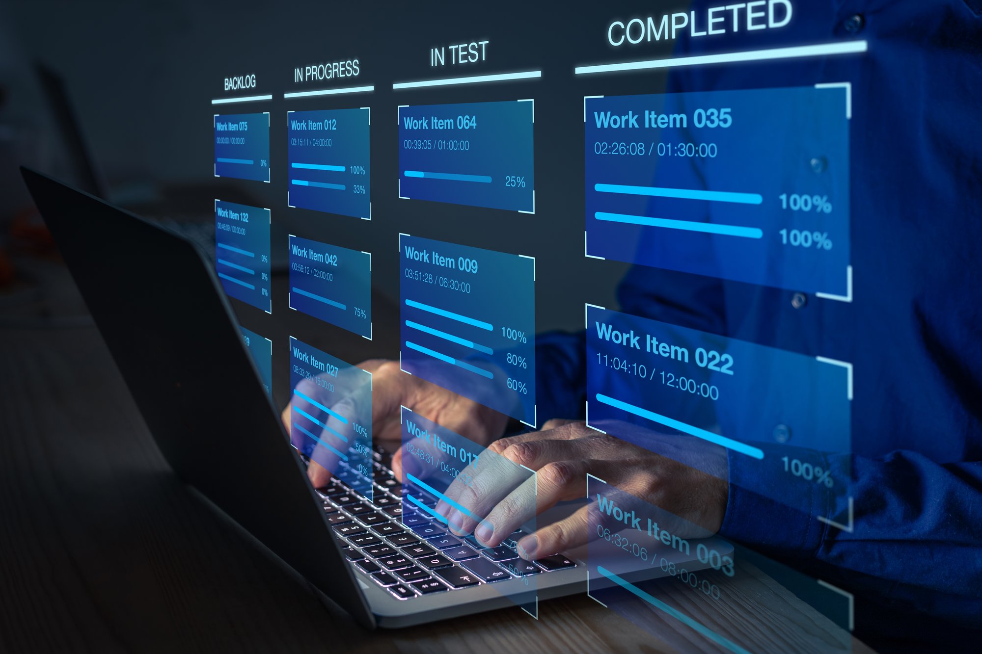 developer using Kanban board framework methodology on computer. to represent technology solutions